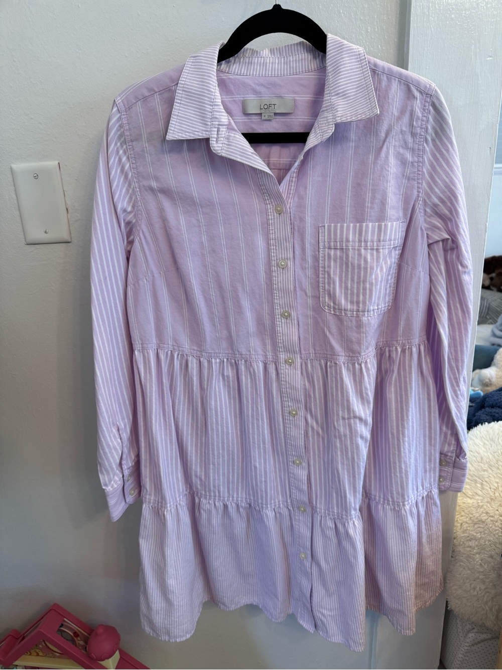 LOFT Light Lavender Striped Tiered Button-Front Women’s Dress